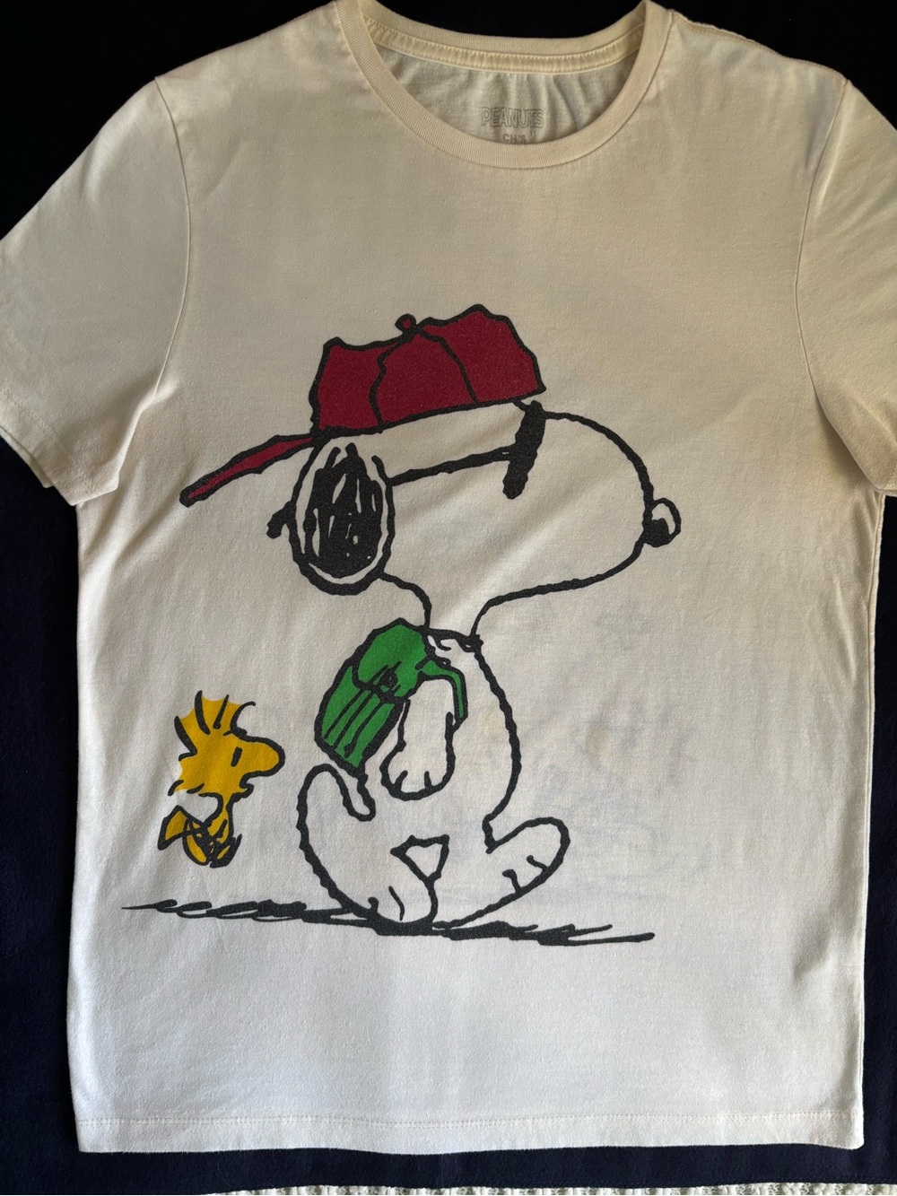 Peanuts Cream Dog Tee with Red Cap and Green Backpack